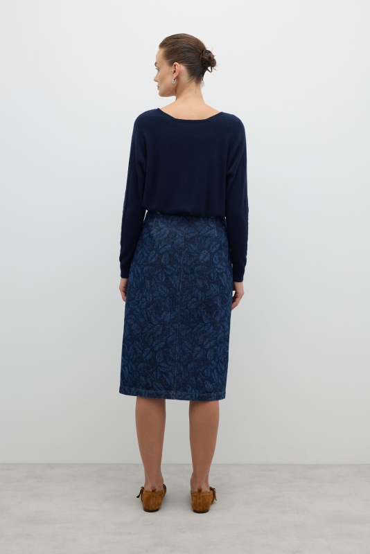 Önden Metal Fermuarlı Çift Cepli Midi Boy Etek İndigo - Roman (1)