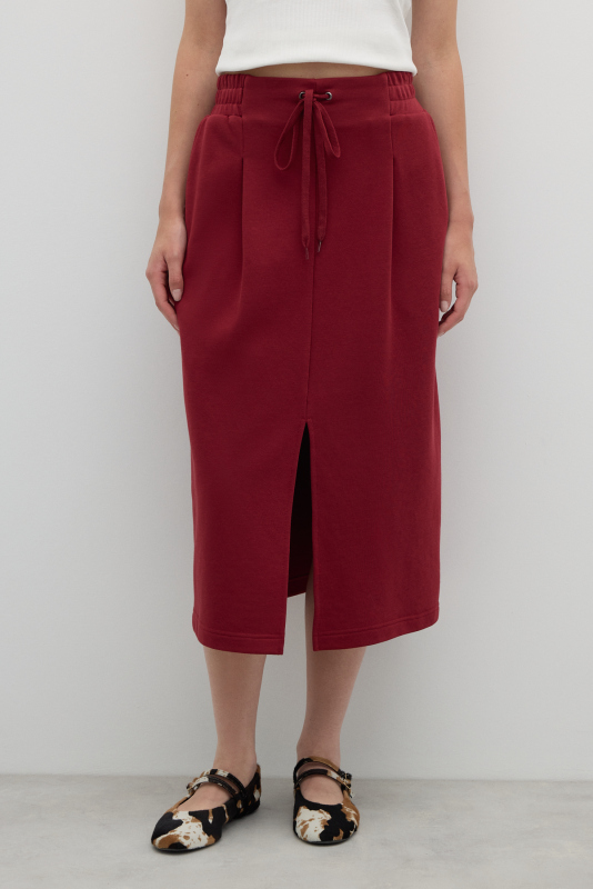 Önden Yırtmaçlı Nakış Detaylı Tek Pilili Midi Boy Etek Bordo - 3