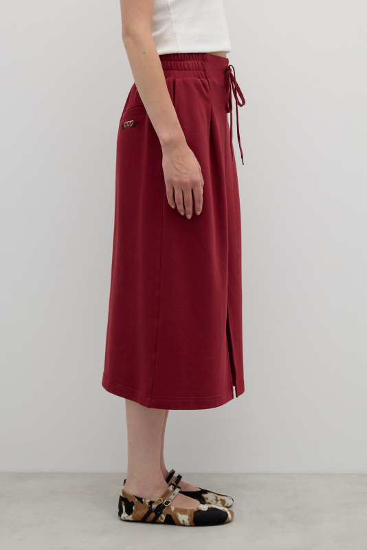 Önden Yırtmaçlı Nakış Detaylı Tek Pilili Midi Boy Etek Bordo - 4