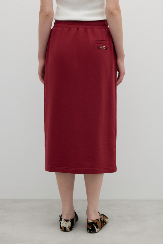 Önden Yırtmaçlı Nakış Detaylı Tek Pilili Midi Boy Etek Bordo - 2