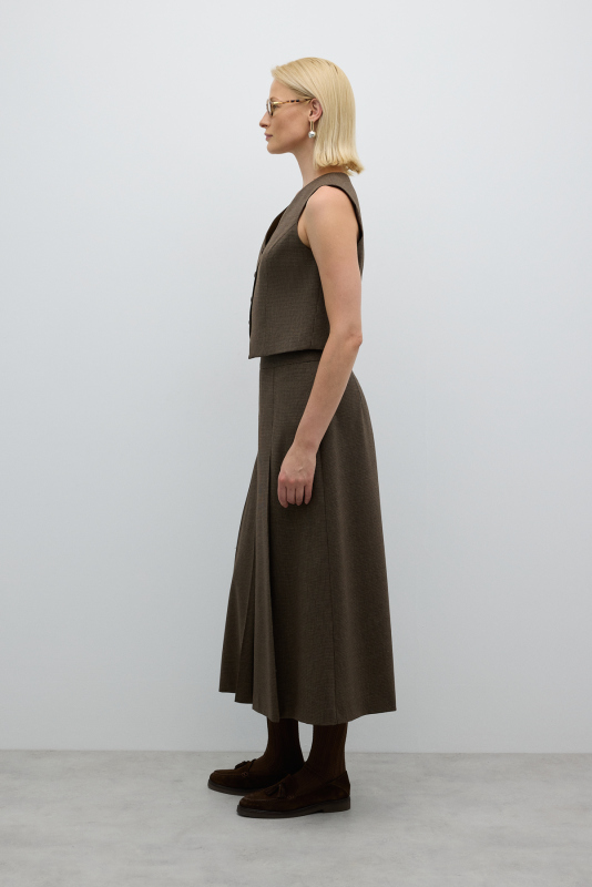 Önden Yırtmaçlı Pileli Midi Boy Etek Kahve - 3