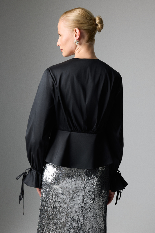 Önü Bağlamalı Uzun Kol Tafta Bluz Siyah - 2