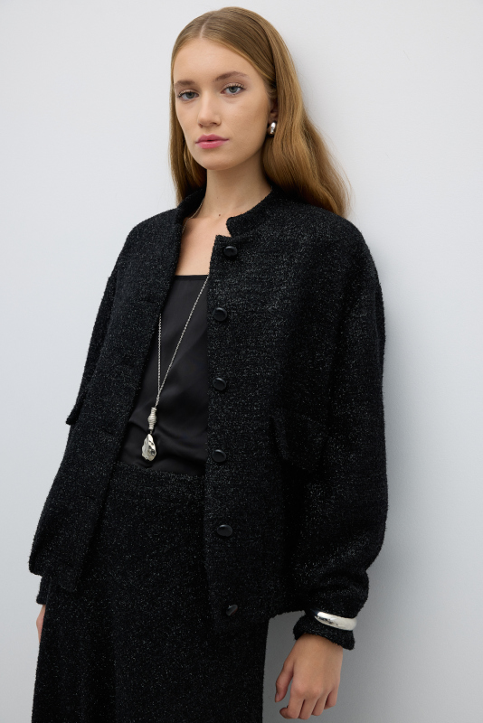 Önü Düğmeli Hakim Yaka Bomber Siyah - 3