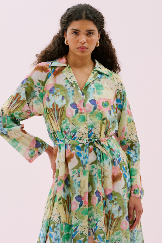 Önü Düğmeli Pilili Midi Boy Keten Elbise Standart Renk - 3