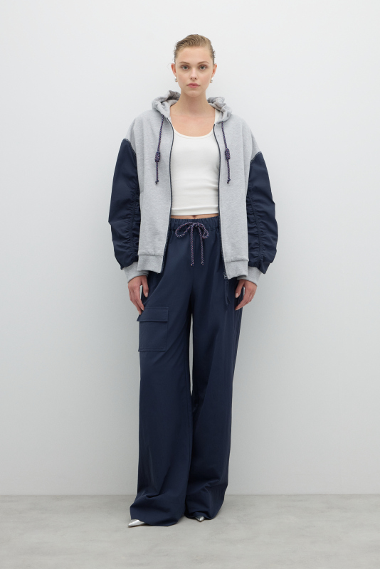 Önü Fermuar Detaylı Kapüşonlu Sweatshirt Gri - 3