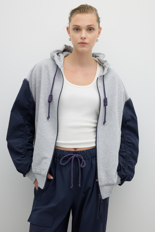 Önü Fermuar Detaylı Kapüşonlu Sweatshirt Gri - Roman