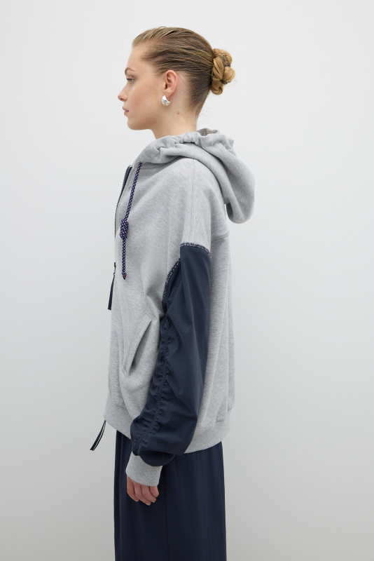 Önü Fermuar Detaylı Kapüşonlu Sweatshirt Gri - 5