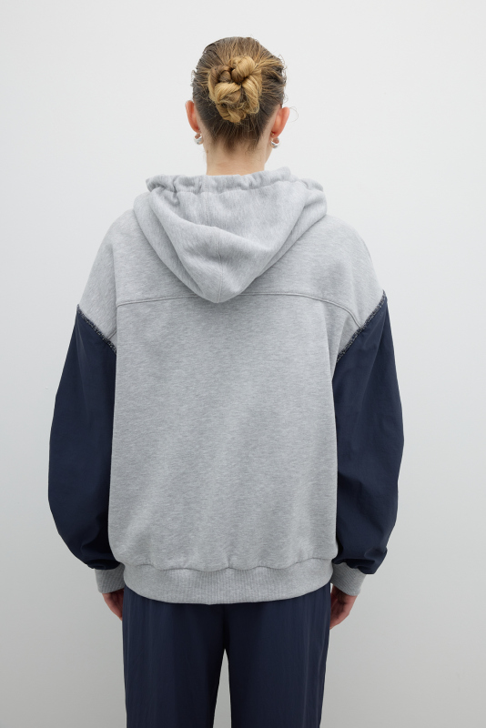 Önü Fermuar Detaylı Kapüşonlu Sweatshirt Gri - Roman (1)