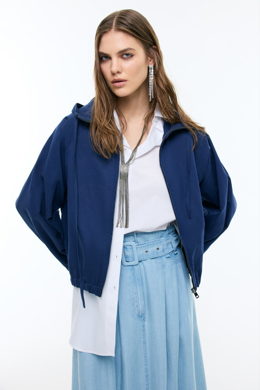 Önü Fermuarlarlı Kapüşonlu Mont Lacivert - Roman