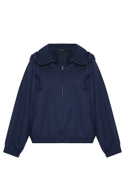 Önü Fermuarlarlı Kapüşonlu Mont Lacivert - 5