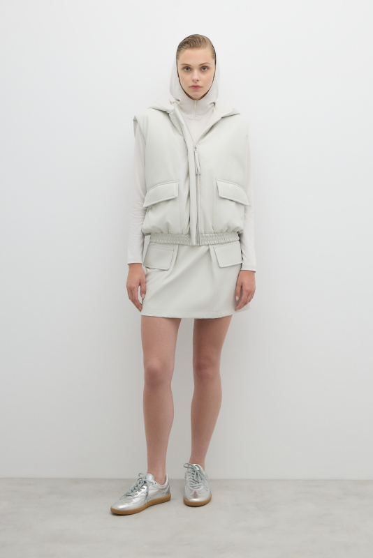 Önü Fermuarlı Kapüşonlu Çift Cepli Yelek Taş - 1