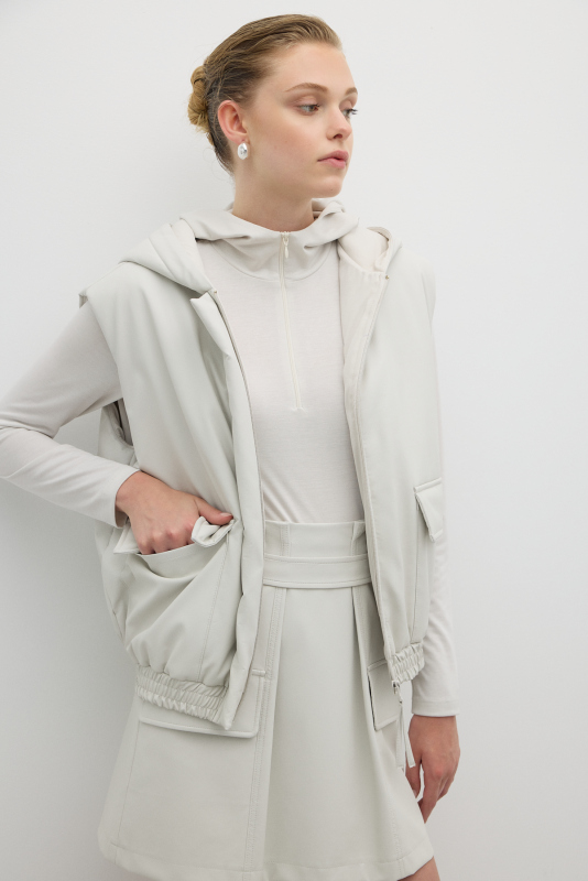 Önü Fermuarlı Kapüşonlu Çift Cepli Yelek Taş - 3