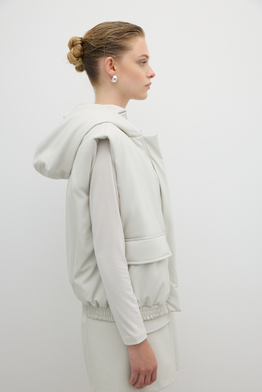 Önü Fermuarlı Kapüşonlu Çift Cepli Yelek Taş - 5