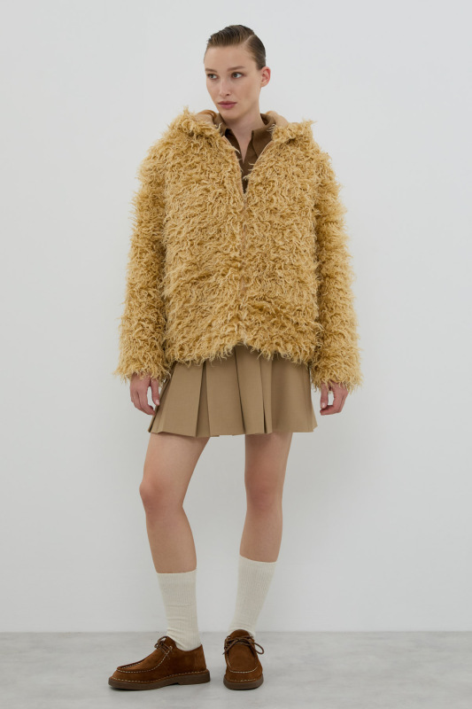 Önü Fermuarlı Kapüşonlu Mont Bej - 1