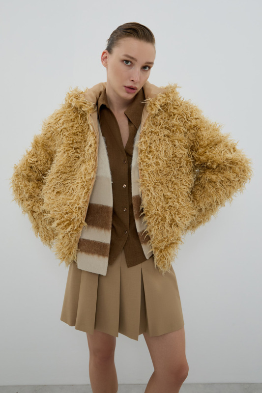 Önü Fermuarlı Kapüşonlu Mont Bej - 3