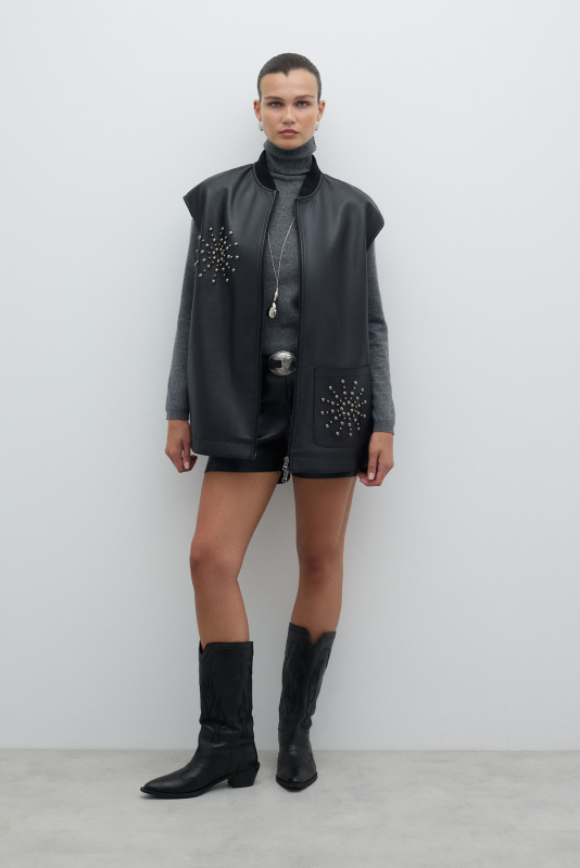 Önü Fermuarlı Trok Detaylı Yelek Siyah - Roman