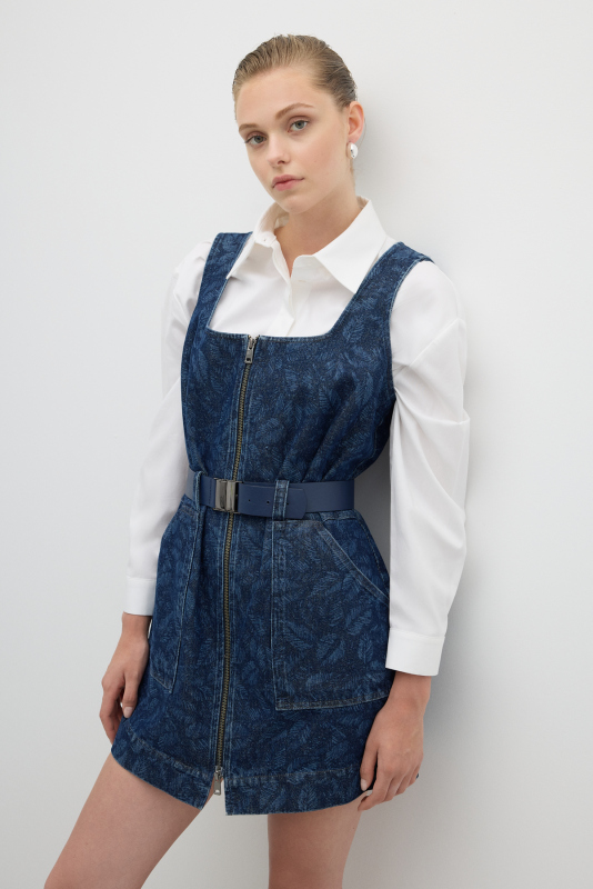 Önü Metal Fermuarlı Beli Kemer Detaylı Çift Cepli Mini Elbise İndigo - Roman