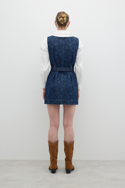 Önü Metal Fermuarlı Beli Kemer Detaylı Çift Cepli Mini Elbise İndigo - Roman (1)