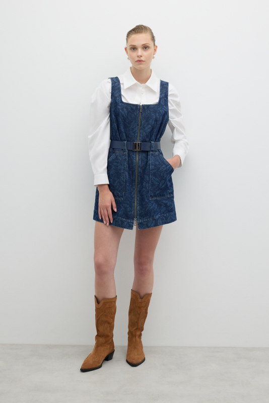 Önü Metal Fermuarlı Beli Kemer Detaylı Çift Cepli Mini Elbise İndigo - 3