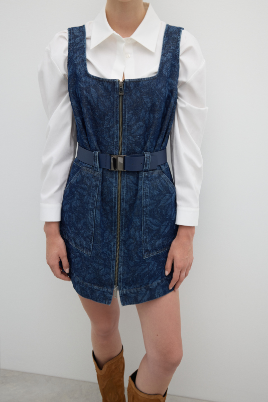 Önü Metal Fermuarlı Beli Kemer Detaylı Çift Cepli Mini Elbise İndigo - 4