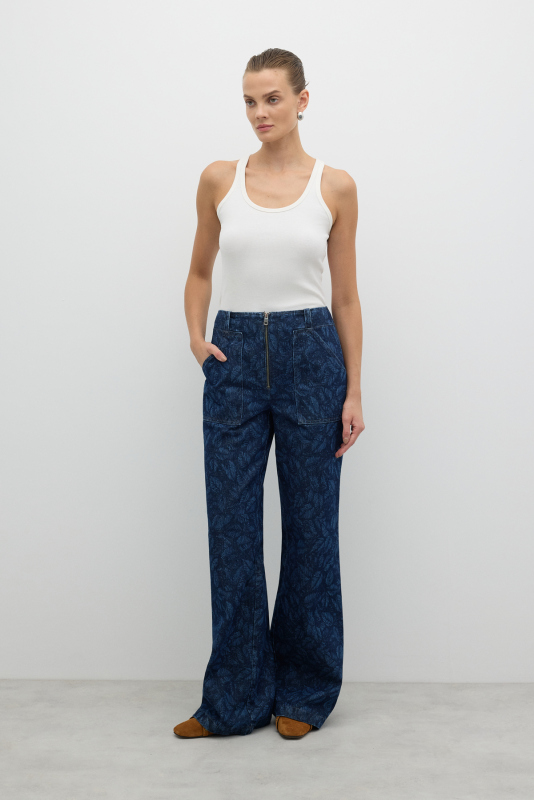 Önü Metal Fermuarlı Çift Cepli Geniş Paça Pantolon İndigo - 1