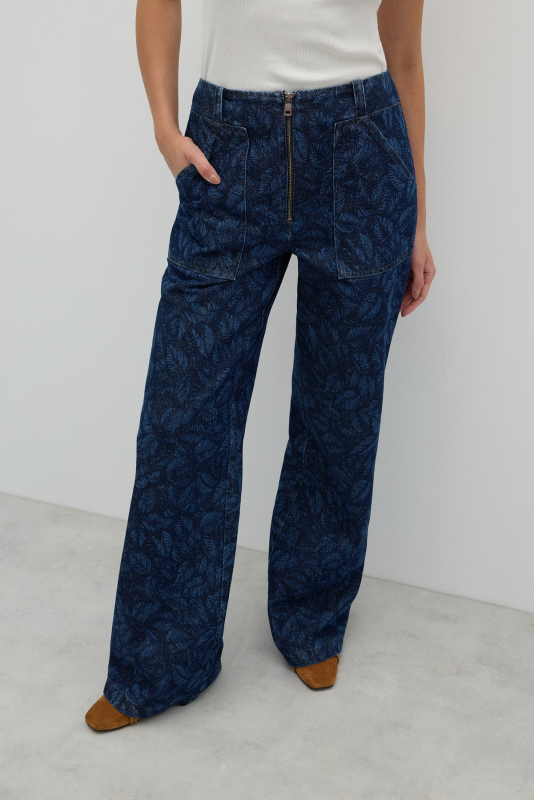 Önü Metal Fermuarlı Çift Cepli Geniş Paça Pantolon İndigo - 4