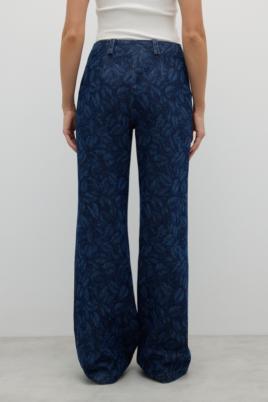 Önü Metal Fermuarlı Çift Cepli Geniş Paça Pantolon İndigo - 2