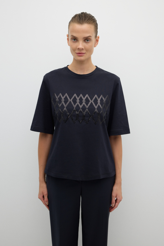 Önü Payet Nakışlı Bisiklet Yaka T-shirt Lacivert - 1