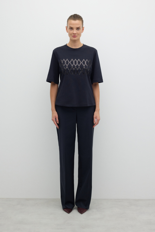 Önü Payet Nakışlı Bisiklet Yaka T-shirt Lacivert - 4