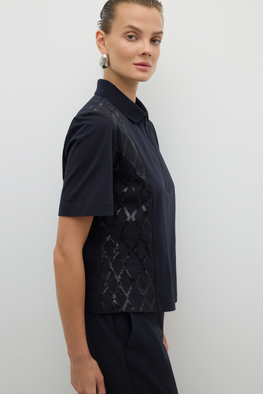 Önü Payet Nakışlı Polo Yaka T-shirt Lacivert - 5