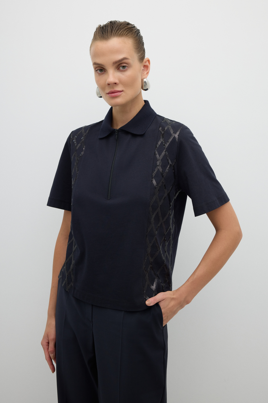Önü Payet Nakışlı Polo Yaka T-shirt Lacivert - 1