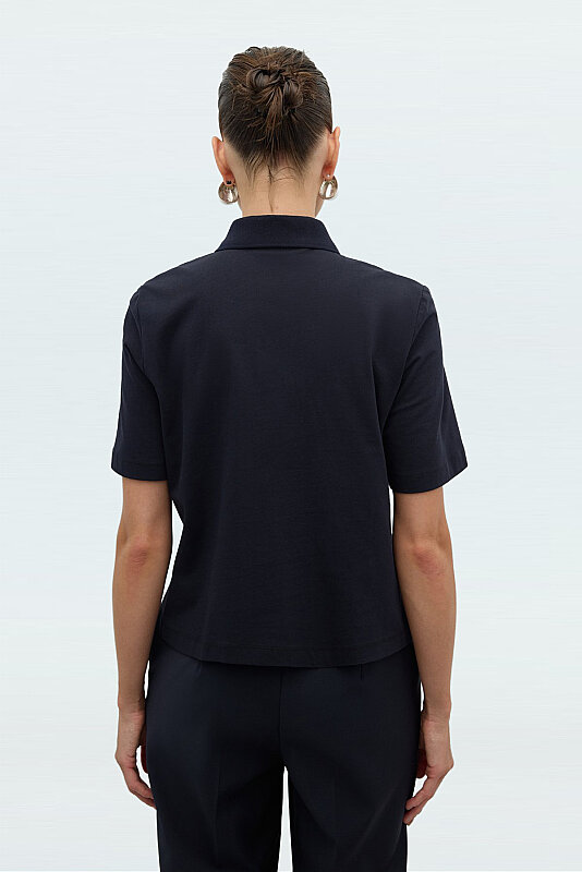 Önü Payet Nakışlı Polo Yaka T-shirt Lacivert - 3