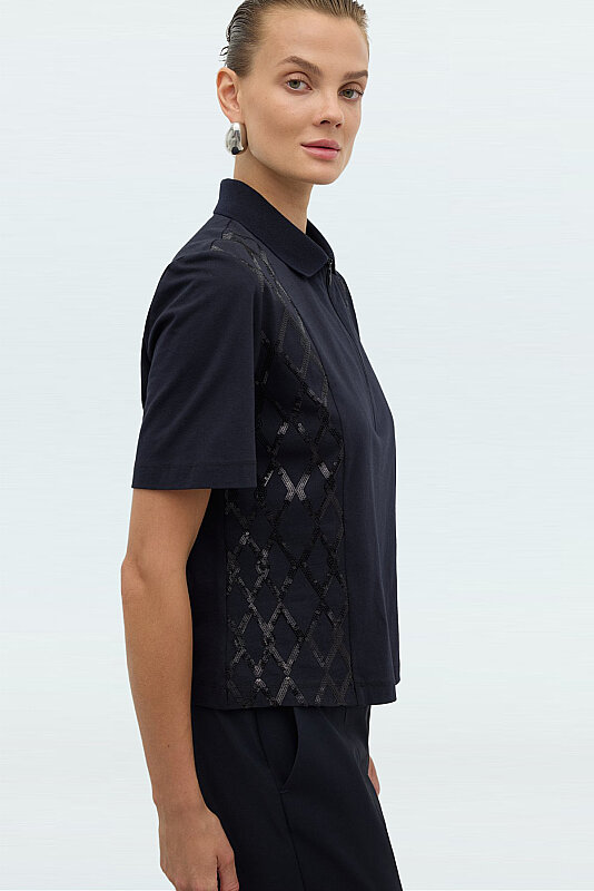 Önü Payet Nakışlı Polo Yaka T-shirt Lacivert - 4