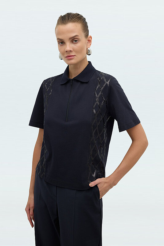 Önü Payet Nakışlı Polo Yaka T-shirt Lacivert - Roman