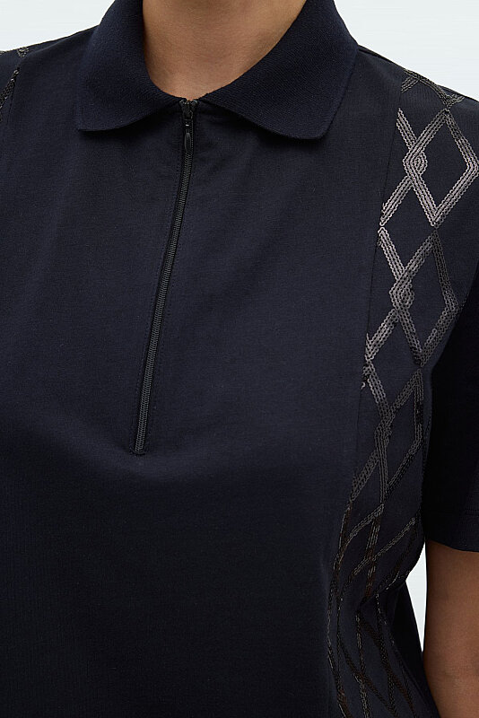 Önü Payet Nakışlı Polo Yaka T-shirt Lacivert - 5