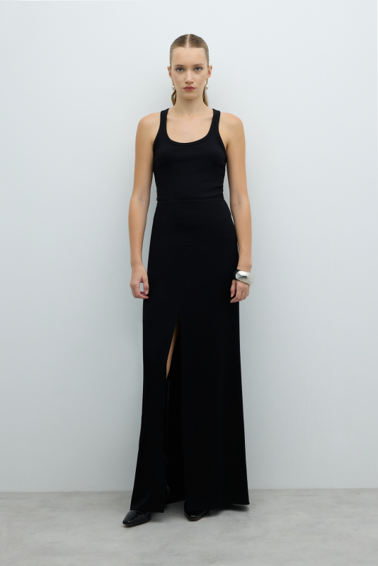 Önü ve Arkası Derin Yırtmaçlı Maksi Boy Etek Siyah - 3