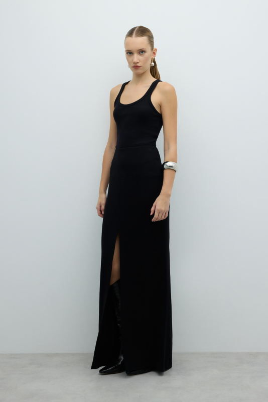 Önü ve Arkası Derin Yırtmaçlı Maksi Boy Etek Siyah - Roman