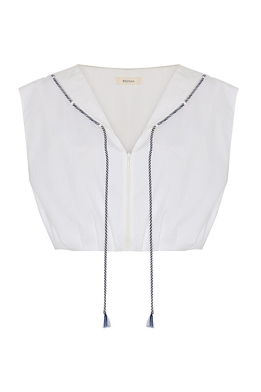 Organik Pamuk Bağcık Detaylı Crop Bluz Beyaz - 5