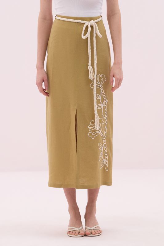 Örgü Kemerli Önü Nakış ve Yırtmaçlı Keten Midi Boy Etek Olive - 3