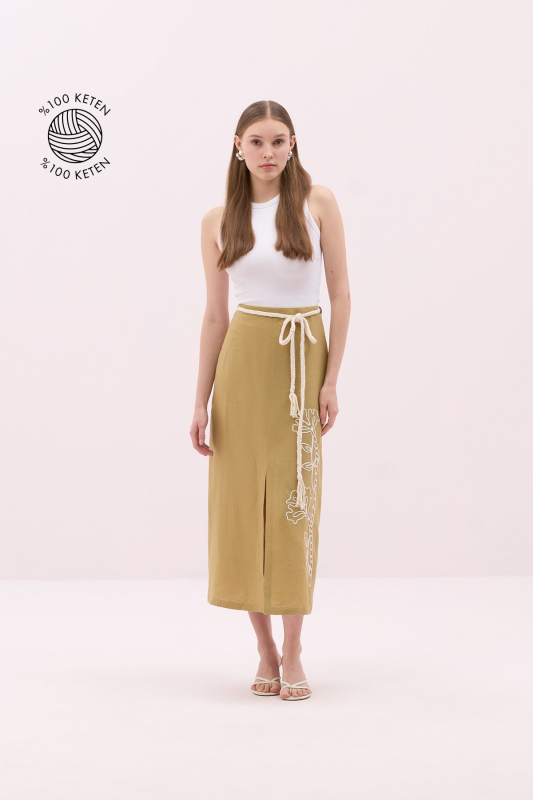 Örgü Kemerli Önü Nakış ve Yırtmaçlı Keten Midi Boy Etek Olive - 1
