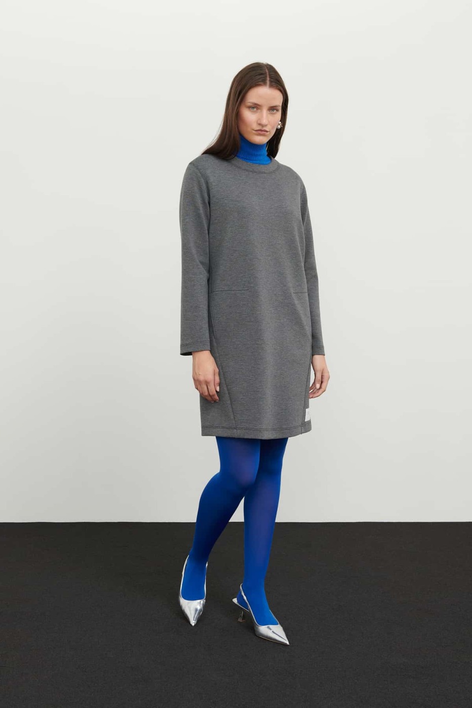 Crew Neck Long Sleeve Dress Grey - 3