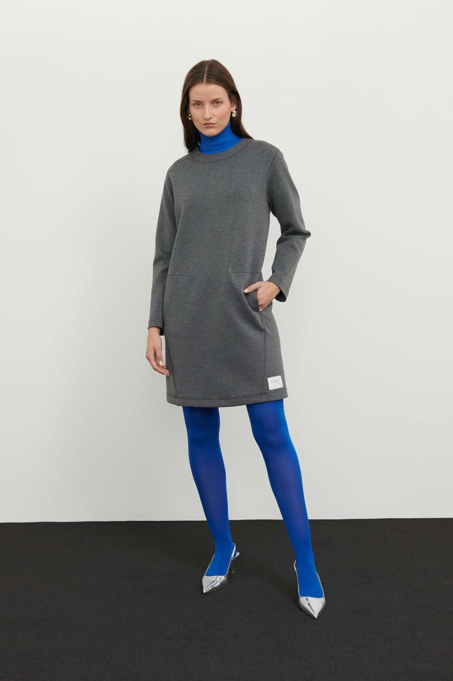 Crew Neck Long Sleeve Dress Grey - 1