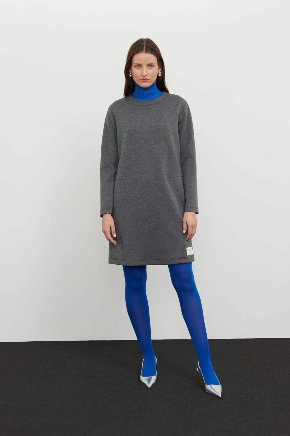 Crew Neck Long Sleeve Dress Grey - 5
