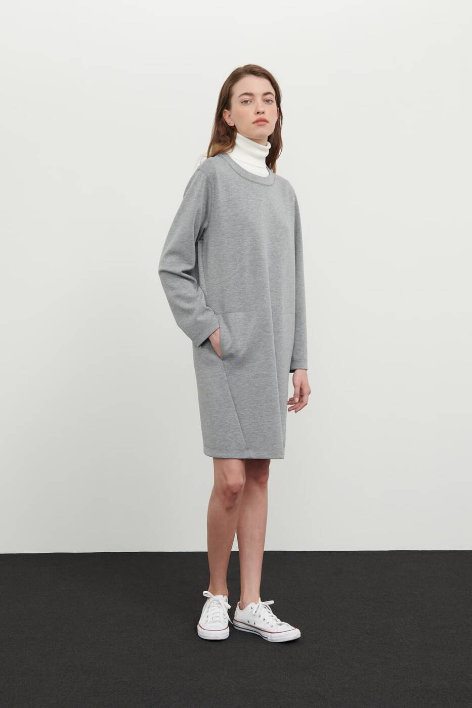 Crew Neck Long Sleeve Dress Grey - 1