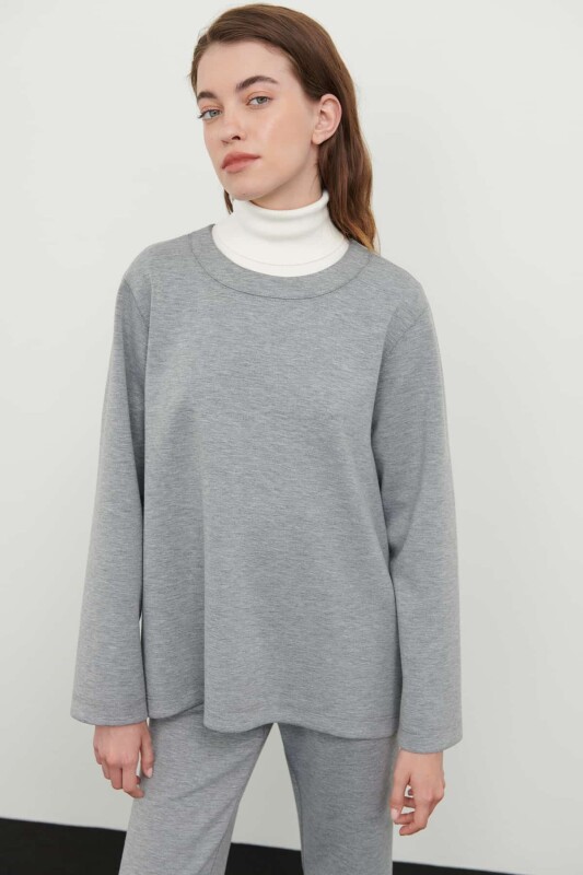Bisiklet Yaka Uzun Kollu Sweatshirt Gri - 1