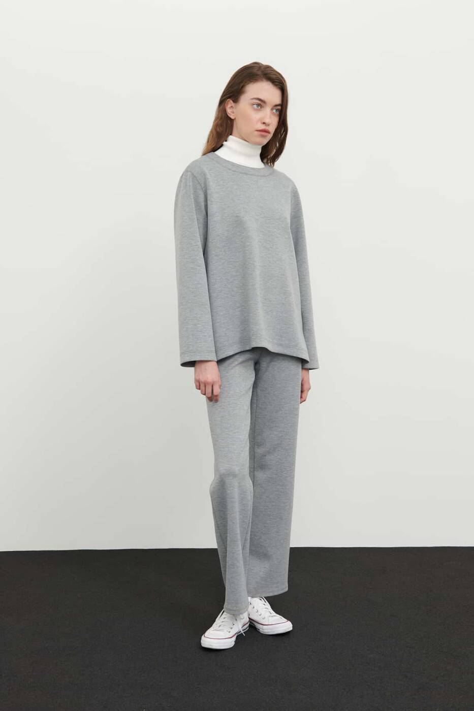 Bisiklet Yaka Uzun Kollu Sweatshirt Gri - 4
