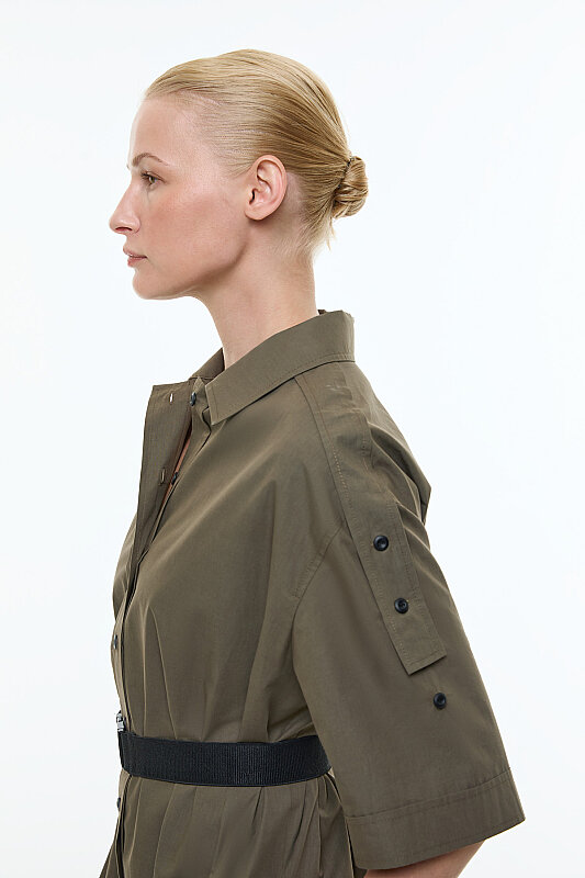 Palaska Kemerli Midi Boy Gömlek Elbise Haki - 4