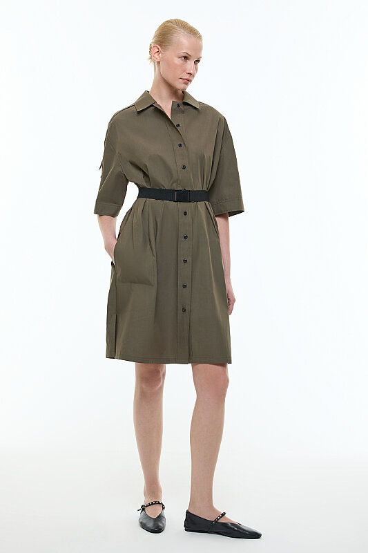 Palaska Kemerli Midi Boy Gömlek Elbise Haki - 3