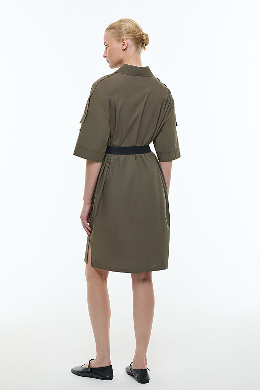 Palaska Kemerli Midi Boy Gömlek Elbise Haki - Roman (1)
