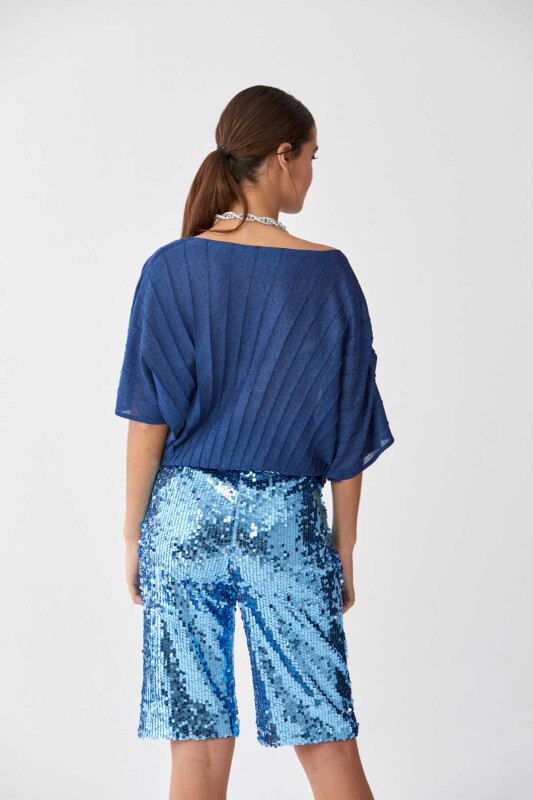 Payetli Bermuda Kadın Pantolon Mavi - Roman (1)